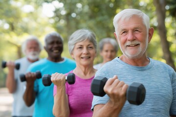 Happy senior man leading a diverse group in an outdoor weight training class