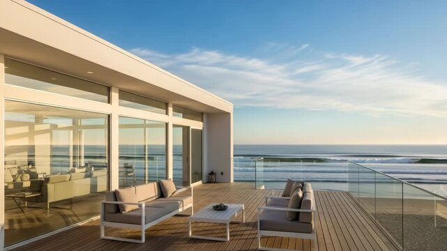 Modern house with a stunning outdoor deck overlooking the ocean, featuring comfortable furniture and a panoramic view of the beach at sunset.

