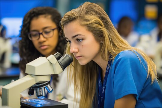 Two female high school students focused on a science experiment with a microscope