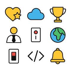 Collection of colorful icons representing diverse concepts and digital symbols.
