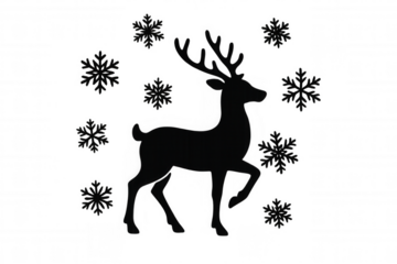 Reindeer silhouette with falling snowflakes, representing winter holiday season and christmas festive decorations