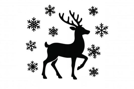 Reindeer silhouette with falling snowflakes, representing winter holiday season and christmas festive decorations