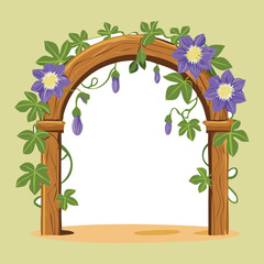 A rustic wood archway covered in beautiful morning glory flowers and lush green foliage