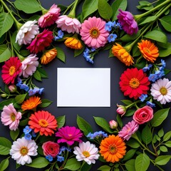 Fototapeta premium A vibrant overhead shot of a spring themed flat lay featuring an open blank greeting card at the center, surrounded by an abundant arrangement of colorful flowers and lush green foliage
