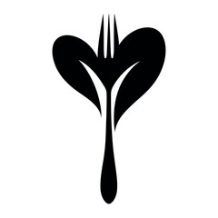 A black and white logo of a heart shaped leaf with a fork at the top and a stem below it
