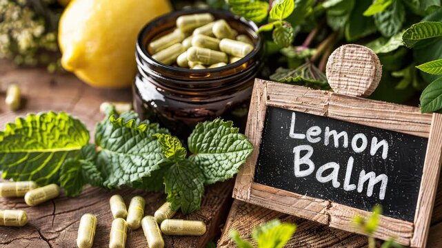 Lemon Balm capsules and supplements on the table. Selective focus. nature,