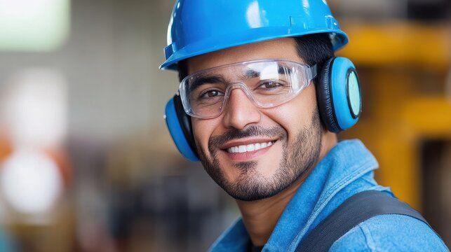 Portrait of a smiling worker wearing safety glasses hard hat and ear protection in a factory setting
