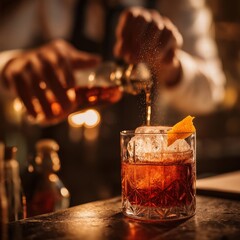 Bartender's Hands Preparing Negroni with High-Pour Gin Stream, Expressing Orange Peel over Glass, Ice Refraction Highlighting Mixology Craft