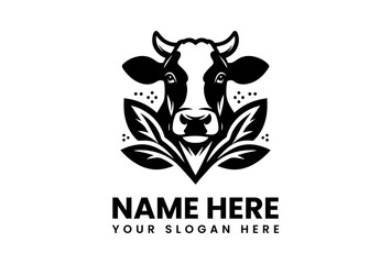 Elegant Black and White Cow Logo with Leafy Embellishments and Text.