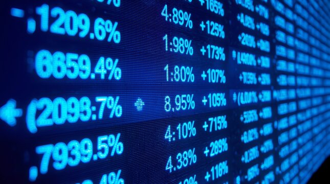 A dynamic, close-up, and highly detailed perspective shot of a digital stock market ticker or financial data screen. The image is dominated by a deep, intense blue color palette, giving a futuristic.