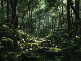Fototapeta premium Sunlight Through Dense Emerald Forest