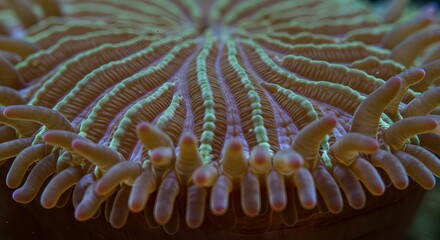 Stunning macro view of vibrant coral polyps with intricate textures and glowing colors