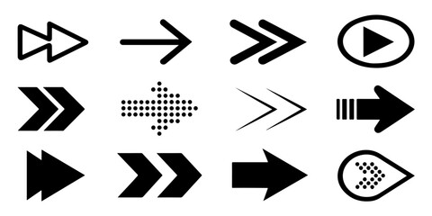 Set of bold black arrow icons pointing right, Chevron and Solid Arrow Collection, Direction Symbols, Arrow Cursor. Different arrow collection. Vector illustration.