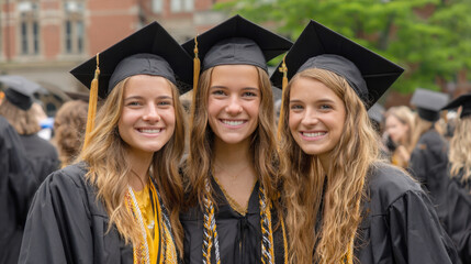 Three happy female college graduates smile for a photo outdoors on their graduation day. Dressed in traditional black caps and gowns with gold tassels, they represent friendship and success