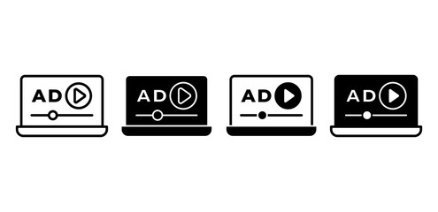 Video ad vector icon. Symbol of online advertising, streaming campaigns, and digital media promotion.