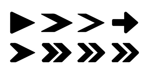 Set of bold black arrow icons pointing right, Chevron and Solid Arrow Collection, Direction Symbols, Arrow Cursor. Different arrow collection. Vector illustration.
