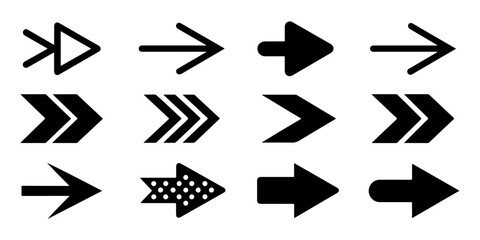 Set of bold black arrow icons pointing right, Chevron and Solid Arrow Collection, Direction Symbols, Arrow Cursor. Different arrow collection. Vector illustration.
