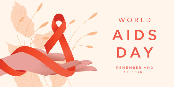 World AIDS Day background with Hand holding Red Ribbon. December 1 awareness campaign. HIV AIDS prevention and support. Vector illustration for poster, banner, flyer, card, cover