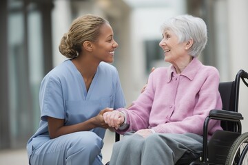 Obraz premium Caring nurse comforting an elderly woman in a wheelchair