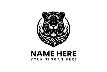 Fierce Black and White Tiger Logo with Detailed Facial Features.