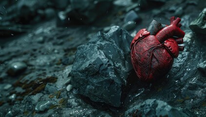 A realistic human heart rests on dark, wet rocks near a water's edge, suggesting themes of loss, mortality, or abandonment