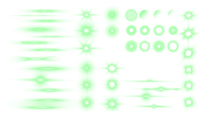 Green glowing PNG overlay featuring various light effects, including stars, circles, and lines, ideal for enhancing digital designs and creative projects with vibrant illumination