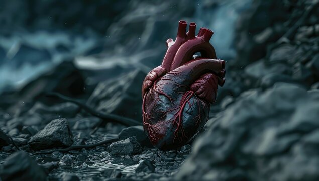 A realistic human heart rests amidst dark, ashen rocks and debris, suggesting themes of loss, fragility, or environmental devastation.  The scene is moody and atmospheric