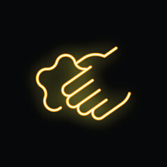 Bright yellow neon icon of two hands shaking, isolated on a black background
