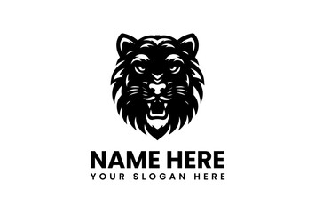 Fierce Black Silhouette of a Roaring Tiger Head with Sharp Teeth.