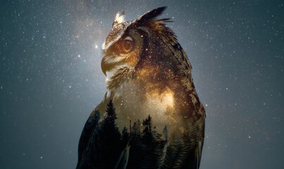 Majestic Owl Portrait with Night Sky and Forest Overlay.