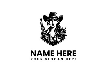 Fierce Cowgirl Holding Revolver Wearing Hat Bold Black and White Logo.