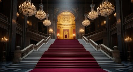 Obraz premium Luxurious Grand Staircase in Elegant Palace with Chandeliers and Ornate Decor