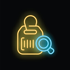 Glowing neon icon of magnifying glass hovering over a barcode representing product search on a black background