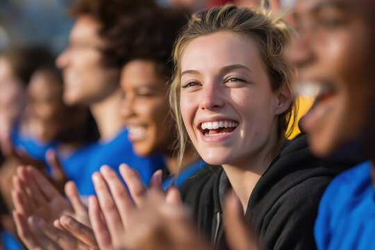 Happy crowd of young fans cheering and clapping at a sports game