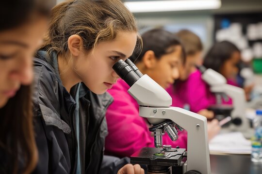 Focused young students using microscopes in a science lab - Powered by Adobe