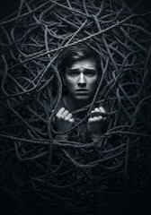 A terrified young man showing despair as he is trapped and entangled within a suffocating web of ropes