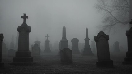 Foggy cemetery with gravestones under eerie mist - Powered by Adobe