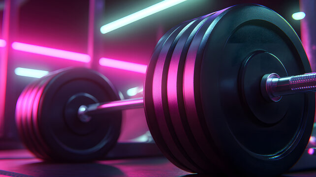 Heavy barbell with weight plates in modern neon gym