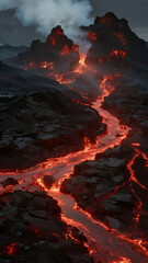 Molten lava flowing down a rugged volcano slope, glowing red heat illuminating black rocks