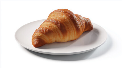 Single croissant on white plate isolated on clean white background