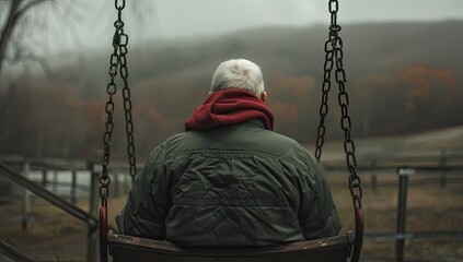 An elderly man sits on a swing facing away from the camera, overlooking a misty landscape. The overall mood is serene and reflective