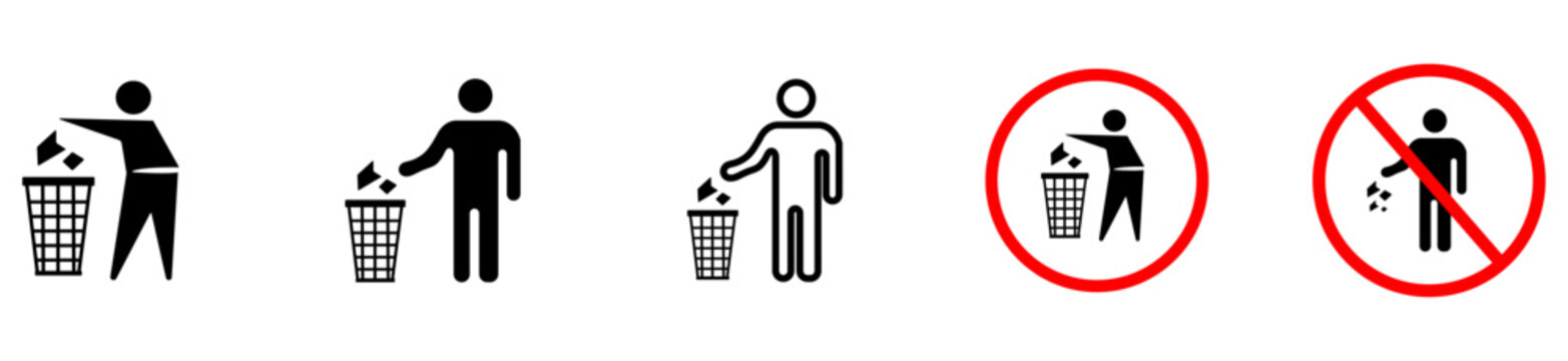 Throw trash in bin, keep area clean icon set.  Trash bin icons person throwing waste, keep clean pictogram vector pack. tidy man, trash, bin, tidy, man, garbage, can, litter,  vector illustration