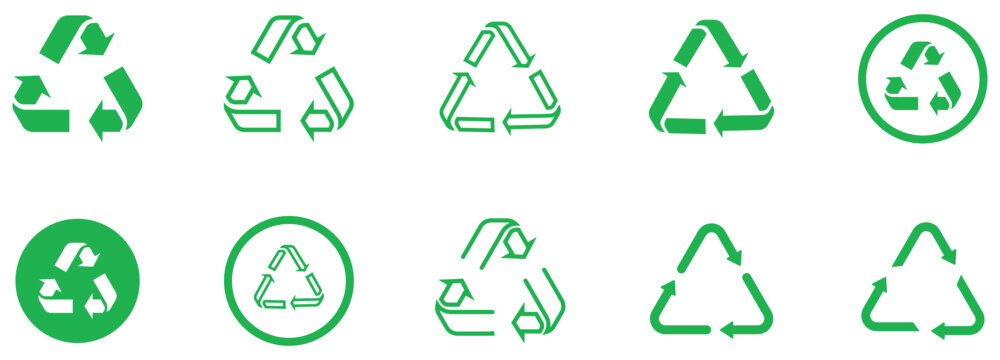 Simple recycling icon set, green mobius loop arrows on white background. Clean recycle triangle icon set with arrows foe eco projects. recycle, recycle icon, recycling, arrow, cycle, reduce,  vector