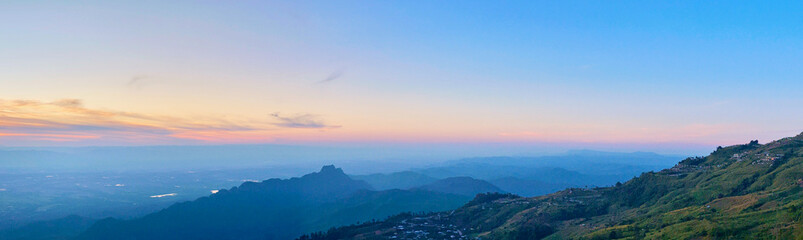 panoramic view top of mountain and sunrise sky