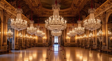Luxurious Elegant Ballroom with Multiple Crystal Chandeliers and Ornate Gold Decor