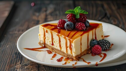 A creamy cheesecake slice, drizzled with caramel sauce and adorned with fresh berries, sits on a white plate atop a dark wooden surface