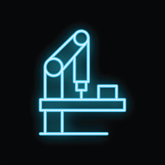 Blue neon icon representing a robotic arm working on a production line, a symbol of industrial automation