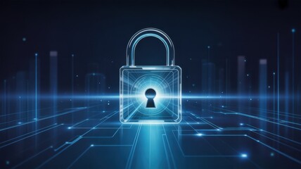 Digital Fortress: A glowing digital padlock, the sentinel of data protection, radiates with a bright blue hue amidst a network of intricate digital pathways.