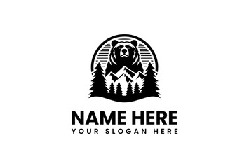 Majestic Bear Crest Mountain Peaks and Evergreen Trees in a Bold Emblem.