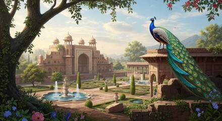 Elegant Peacock Sitting on Stone Balcony Overlooking Ancient Palace and Garden